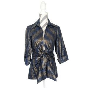MISHCA Elegant Blue and Gold Women's Tie Front Blouse Topper